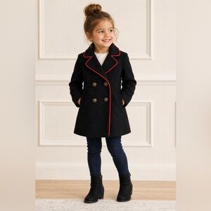 Gap Girls 4T Wool Blend Pea Coat Black Red Trim Double Breasted Classic Jacket